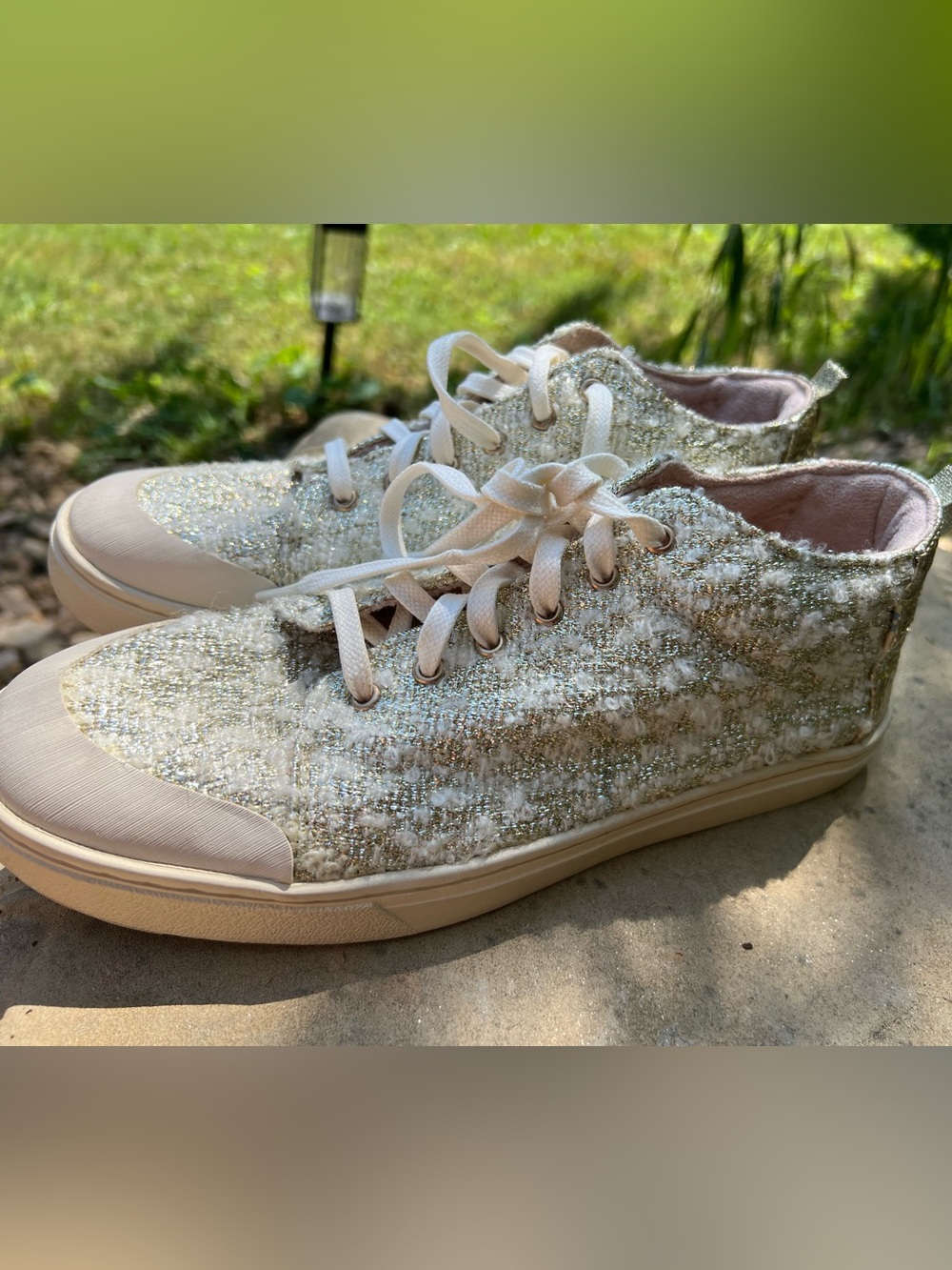 Toms Metallic Tweed Lace-Up Sneakers - Cream and Gold